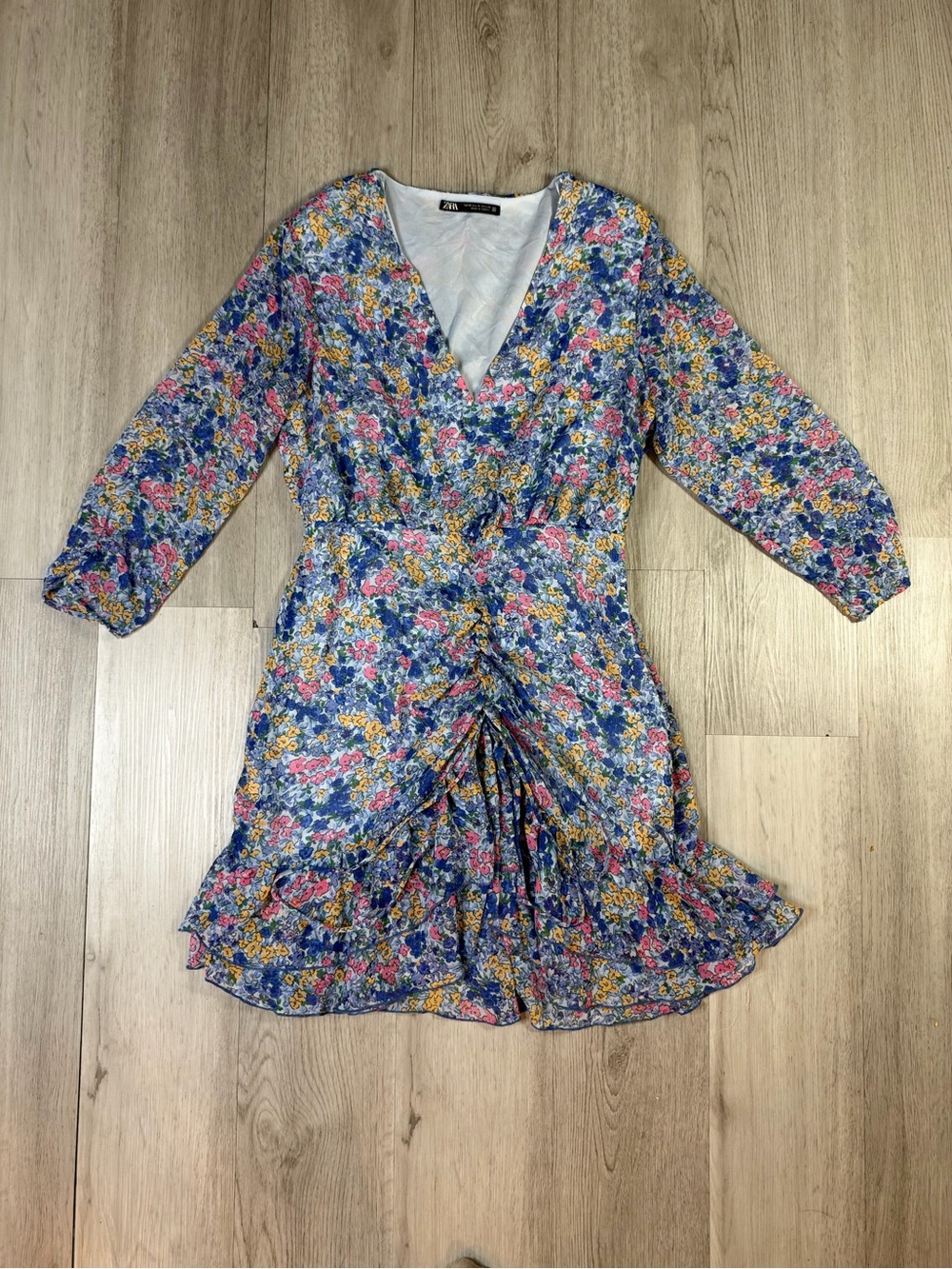 ZARA Blue Floral BoHo Chiffon V-Neck Ruffle Lined Long Sleeve Dress Size M